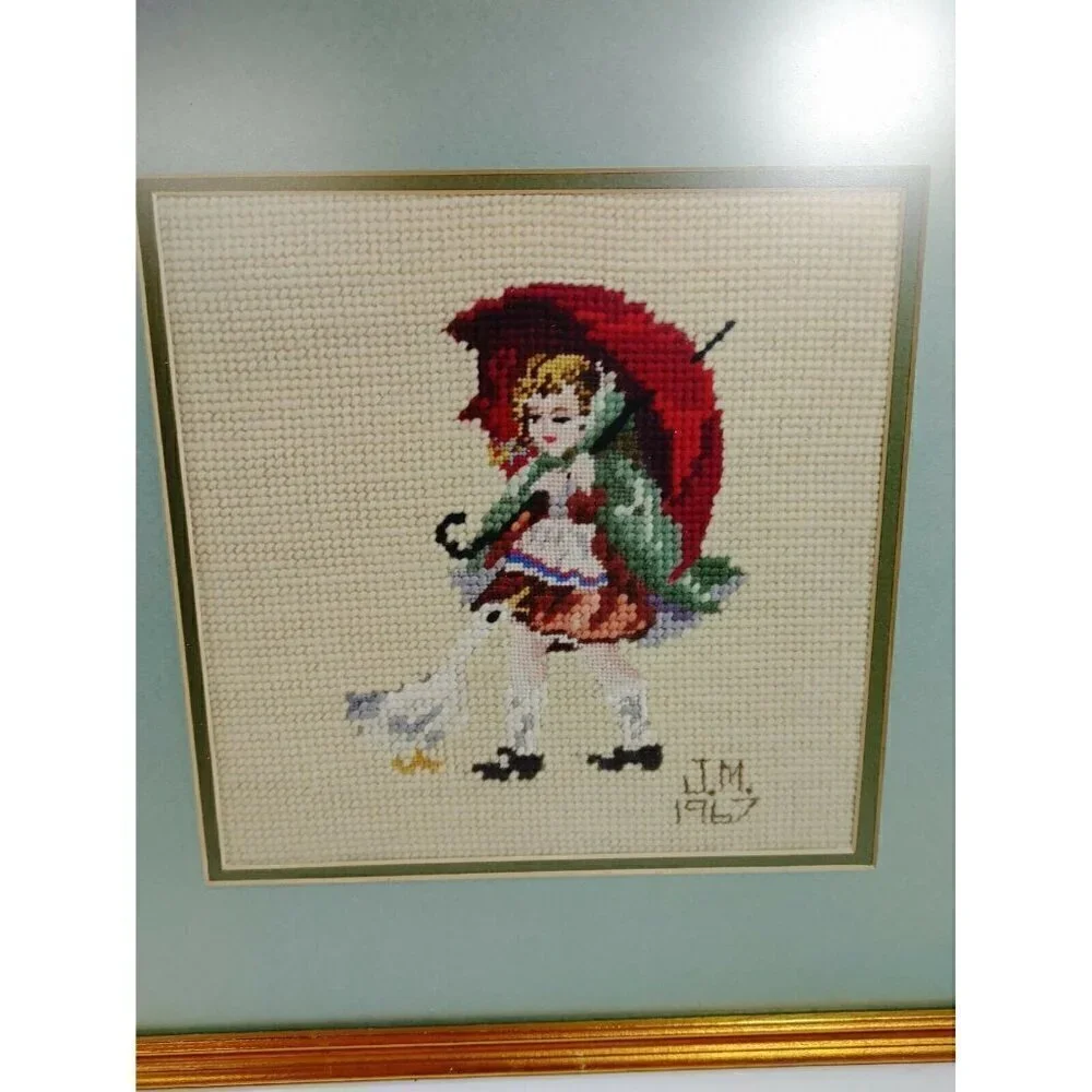 Boy Play with Dog Girl Walk with Umbrella Wall Hanging Frame Needlepoint Set 2